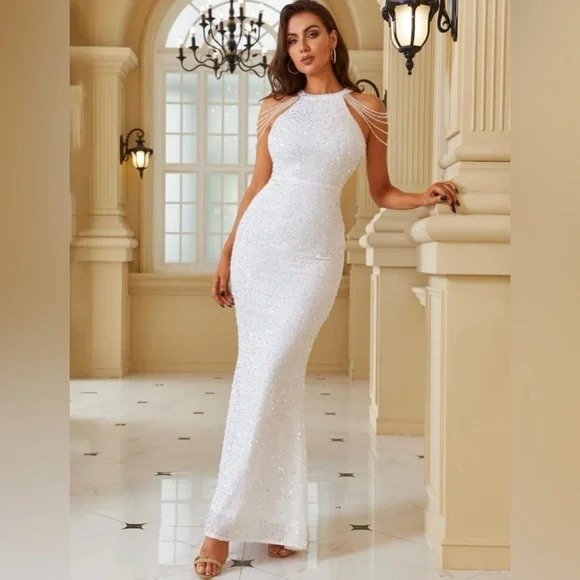 Loveandlemonade Dresses | Thats Was My Second Wedding Dress Size S(4) White Sequins Long Dress | Color: White | Size: 4 | Loveliejean's Closet